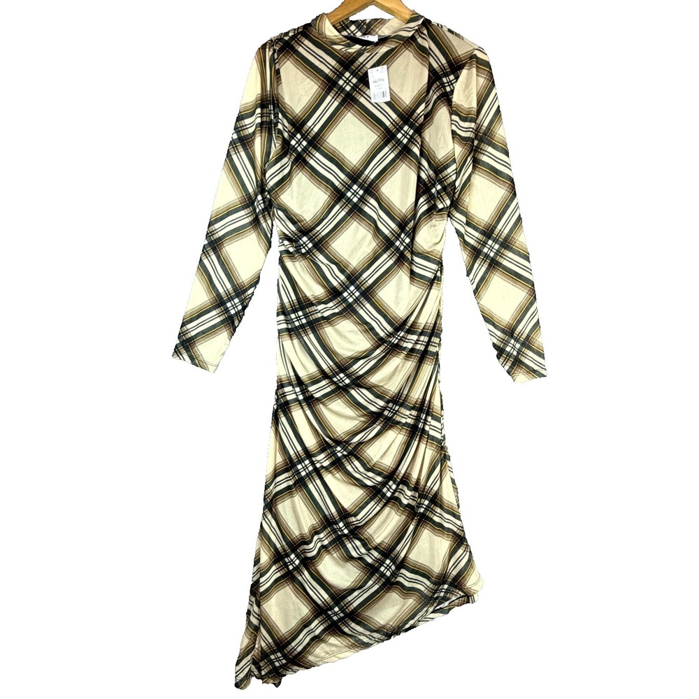 Suzy Shier Midi Dress Womens 2XL Oatmeal Plaid Mesh Mock Neck Academia Professor